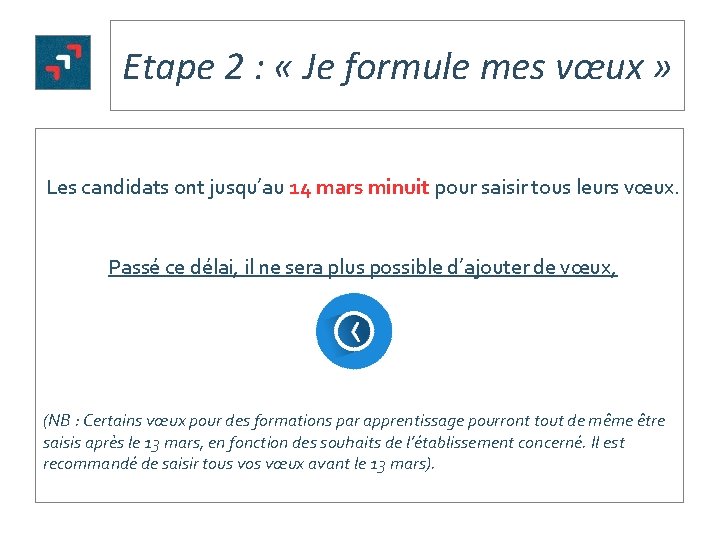 Etape 2 : « Je formule mes vœux » Les candidats ont jusqu’au 14