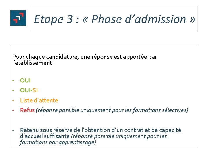 Etape 3 : « Phase d’admission » Pour chaque candidature, une réponse est apportée