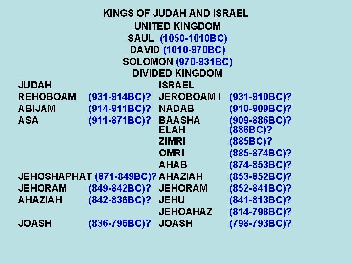 KINGS OF JUDAH AND ISRAEL UNITED KINGDOM SAUL (1050 -1010 BC) DAVID (1010 -970