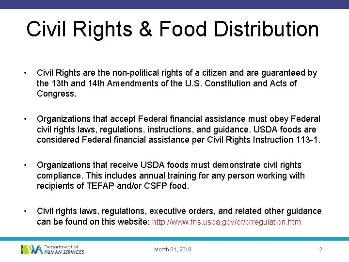 Civil Rights & Food Distribution • Civil Rights are the non-political rights of a