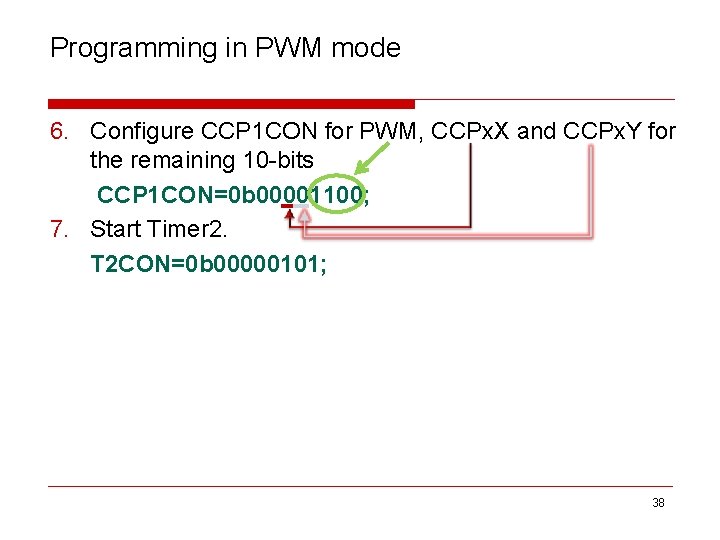 Programming in PWM mode 6. Configure CCP 1 CON for PWM, CCPx. X and