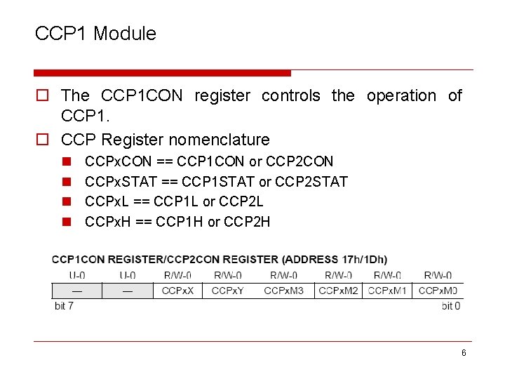 CCP 1 Module o The CCP 1 CON register controls the operation of CCP