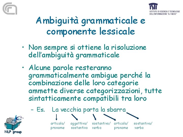 Ambiguità grammaticale e componente lessicale • Non sempre si ottiene la risoluzione dell’ambiguità grammaticale