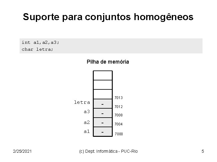 Suporte para conjuntos homogêneos int a 1, a 2, a 3; char letra; Pilha