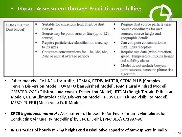  • Impact Assessment through Prediction modelling • Other models - CALINE 4 for