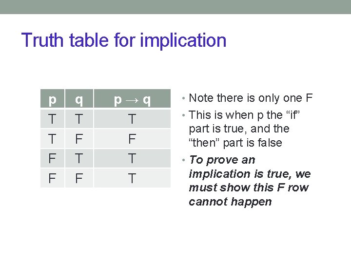 Truth table for implication p T T F F q T F p→q T Truth table for implication p T T F F q T F p→q T
