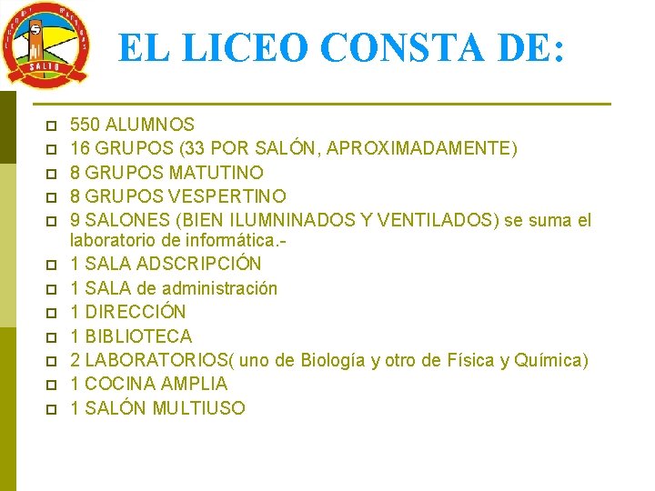 EL LICEO CONSTA DE: p p p 550 ALUMNOS 16 GRUPOS (33 POR SALÓN,