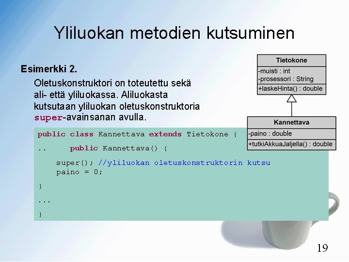 Yliluokan metodien kutsuminen Esimerkki 2. Oletuskonstruktori on toteutettu sekä ali- että yliluokassa. Aliluokasta kutsutaan