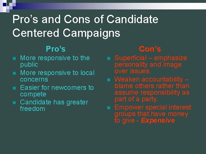 Pro’s and Cons of Candidate Centered Campaigns Pro’s n n More responsive to the