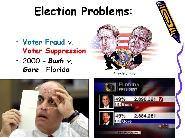 Election Problems: • Voter Fraud v. Voter Suppression • 2000 – Bush v. Gore