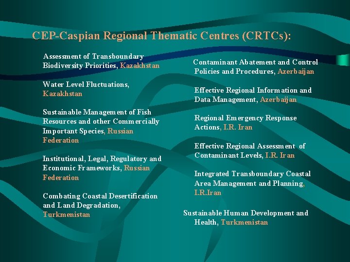 CEP-Caspian Regional Thematic Centres (CRTCs): Assessment of Transboundary Biodiversity Priorities, Kazakhstan Water Level Fluctuations,