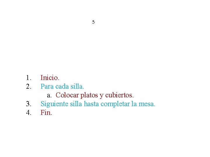 5 1. Inicio. 2. Para cada silla. a. Colocar platos y cubiertos. 3. Siguiente