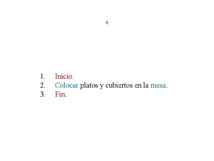 6 1. Inicio. 2. Colocar platos y cubiertos en la mesa. 3. Fin. 