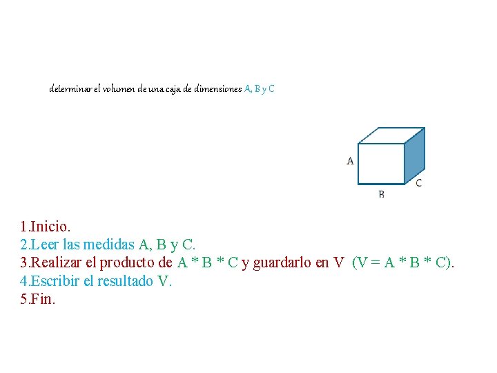 determinar el volumen de una caja de dimensiones A, B y C 1. Inicio.