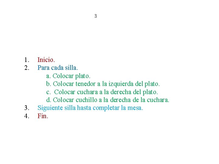 3 1. Inicio. 2. Para cada silla. a. Colocar plato. b. Colocar tenedor a