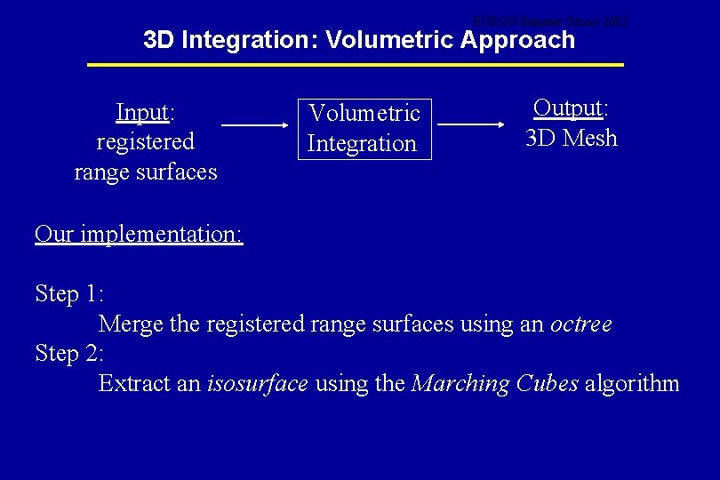 EURON Summer School 2003 3 D Integration: Volumetric Approach Input: registered range surfaces Volumetric