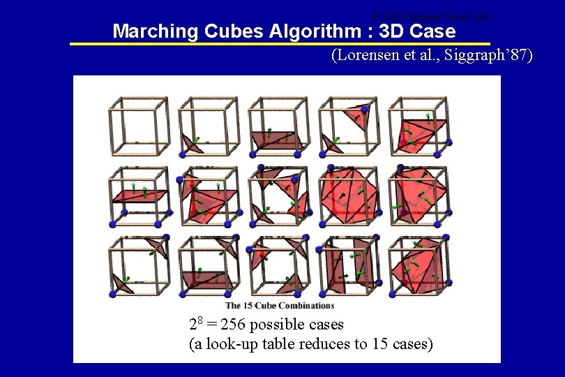 EURON Summer School 2003 Marching Cubes Algorithm : 3 D Case (Lorensen et al.