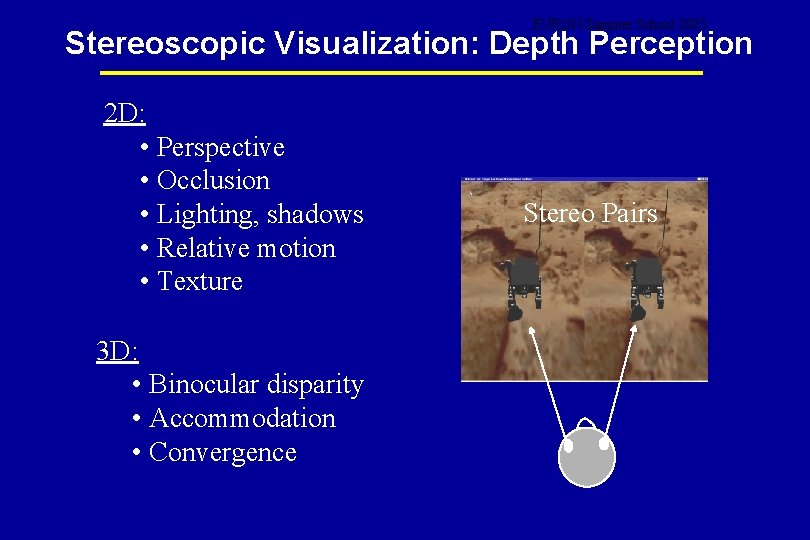 EURON Summer School 2003 Stereoscopic Visualization: Depth Perception 2 D: • Perspective • Occlusion