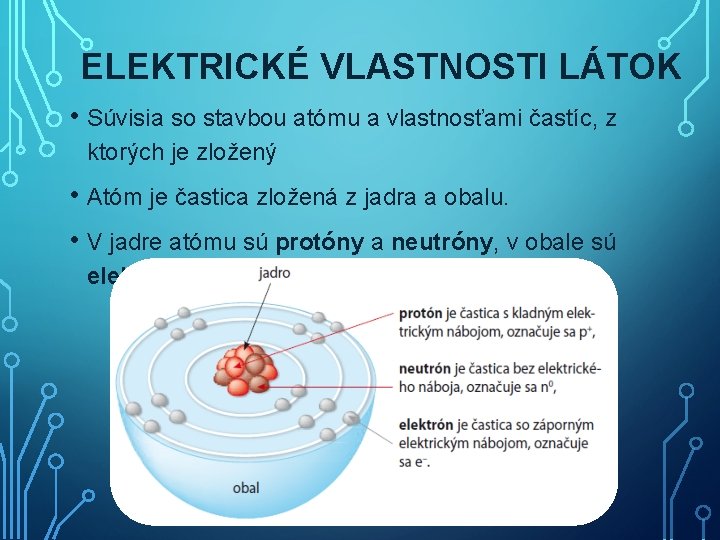 ELEKTRICKÉ VLASTNOSTI LÁTOK • Súvisia so stavbou atómu a vlastnosťami častíc, z ktorých je