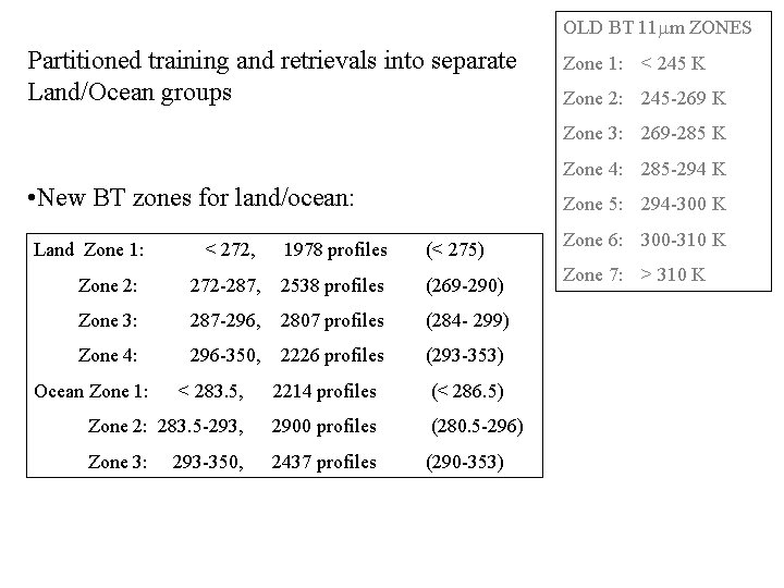 OLD BT 11 mm ZONES Partitioned training and retrievals into separate Land/Ocean groups Zone