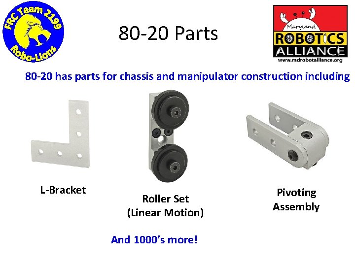 80 -20 Parts 80 -20 has parts for chassis and manipulator construction including L-Bracket