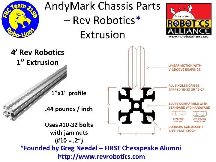 Andy. Mark Chassis Parts – Rev Robotics* Extrusion 4’ Rev Robotics 1” Extrusion 1”x
