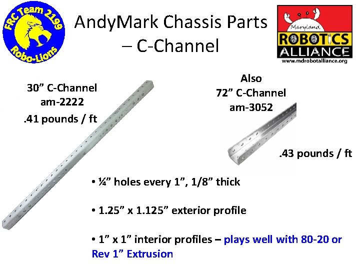 Andy. Mark Chassis Parts – C-Channel 30” C-Channel am-2222. 41 pounds / ft Also
