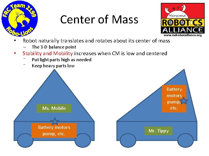 Center of Mass • Robot naturally translates and rotates about its center of mass