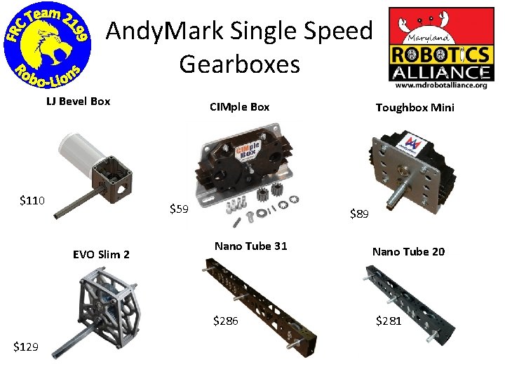 Andy. Mark Single Speed Gearboxes LJ Bevel Box $110 CIMple Box $59 EVO Slim
