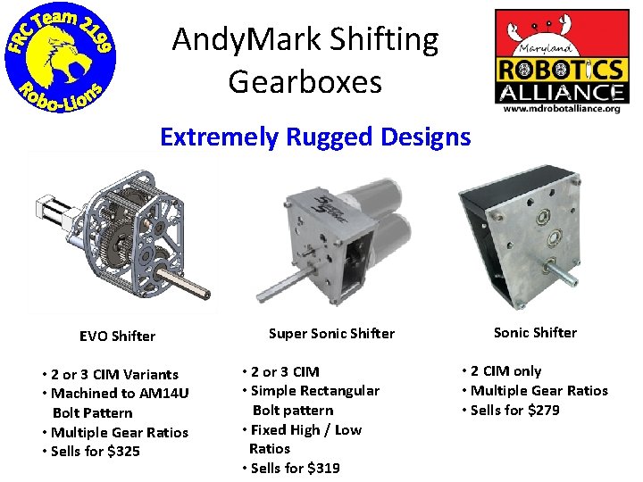 Andy. Mark Shifting Gearboxes Extremely Rugged Designs EVO Shifter • 2 or 3 CIM