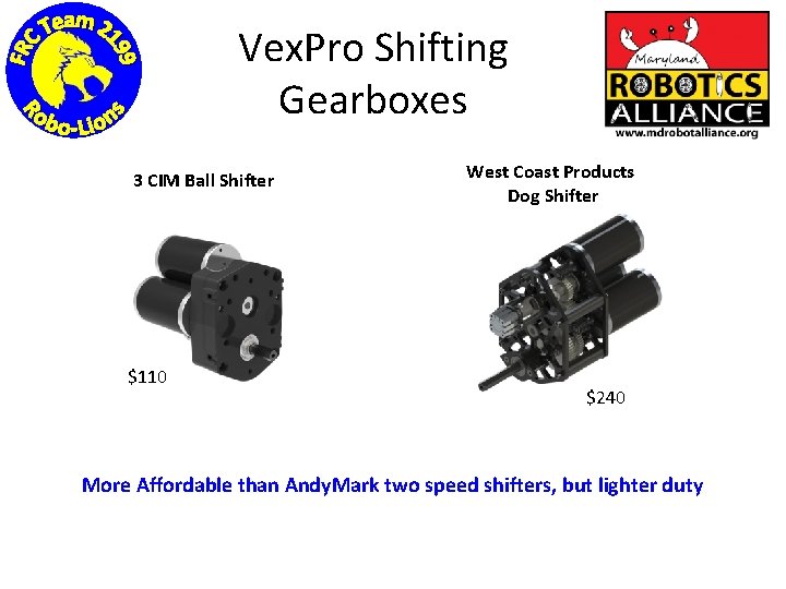 Vex. Pro Shifting Gearboxes 3 CIM Ball Shifter $110 West Coast Products Dog Shifter