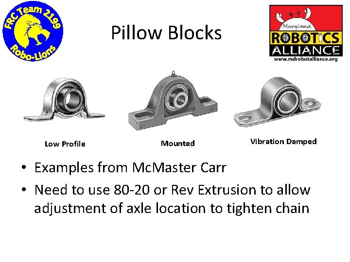 Pillow Blocks Low Profile Mounted Vibration Damped • Examples from Mc. Master Carr •