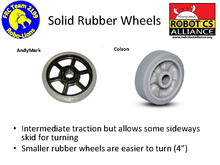 Solid Rubber Wheels Andy. Mark Colson • Intermediate traction but allows some sideways skid