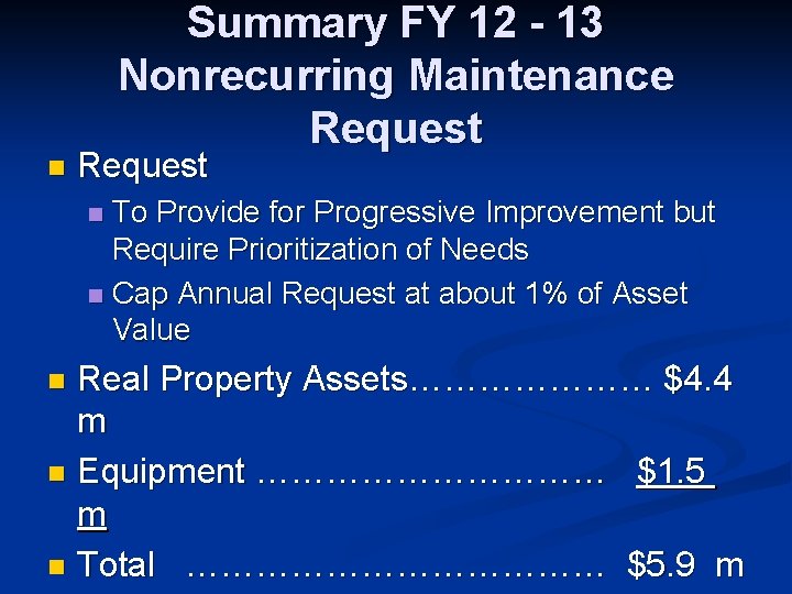 Summary FY 12 - 13 Nonrecurring Maintenance Request n Request To Provide for Progressive