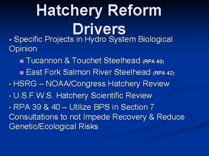 § Hatchery Reform Drivers Specific Projects in Hydro System Biological Opinion n Tucannon &