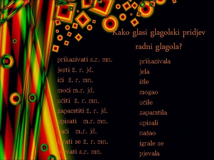Kako glasi glagolski pridjev radni glagola? prikazivati s. r. mn. jesti ž. r. jd.