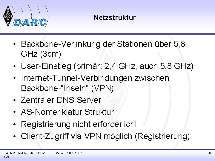 Netzstruktur • Backbone-Verlinkung der Stationen über 5, 8 GHz (3 cm) • User-Einstieg (primär: