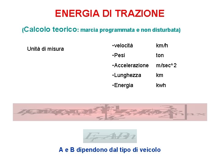 ENERGIA DI TRAZIONE (Calcolo teorico: marcia programmata e non disturbata) Unità di misura •