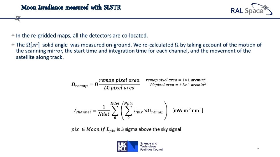 Moon Irradiance measured with SLSTR [m. W m-2 nm-1] 7 