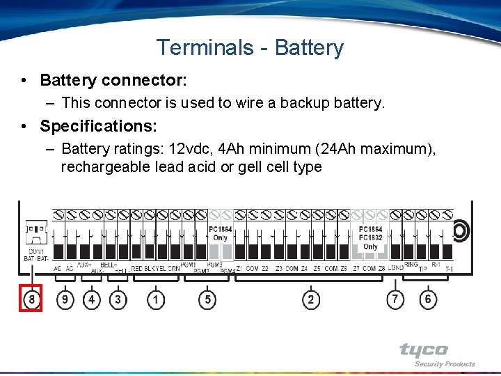 Terminals - Battery • Battery connector: – This connector is used to wire a