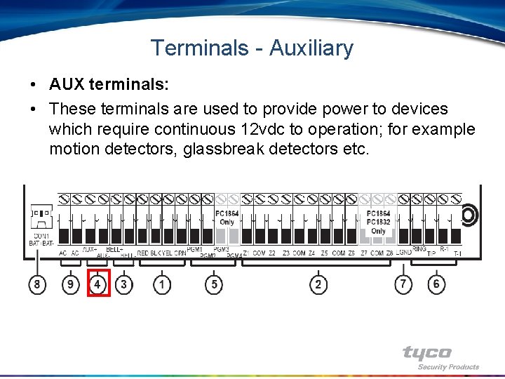 Terminals - Auxiliary • AUX terminals: • These terminals are used to provide power