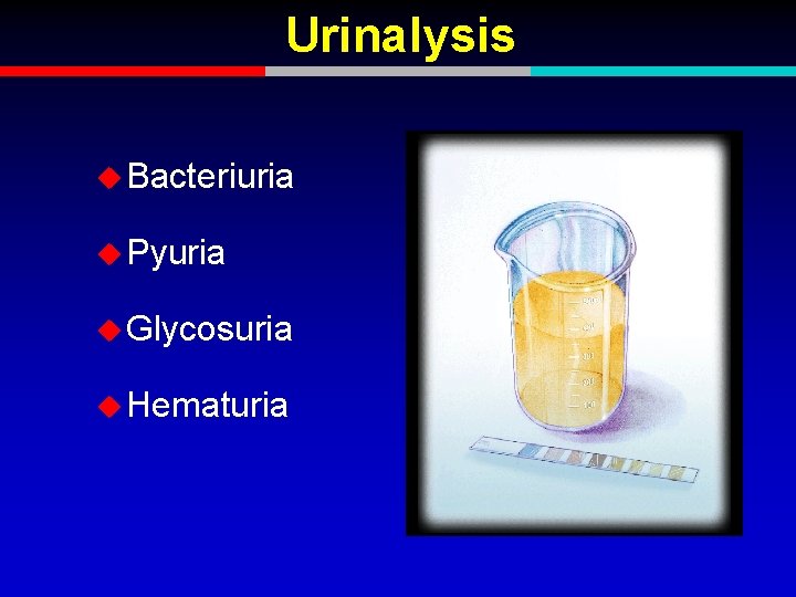 Urinalysis u Bacteriuria u Pyuria u Glycosuria u Hematuria 