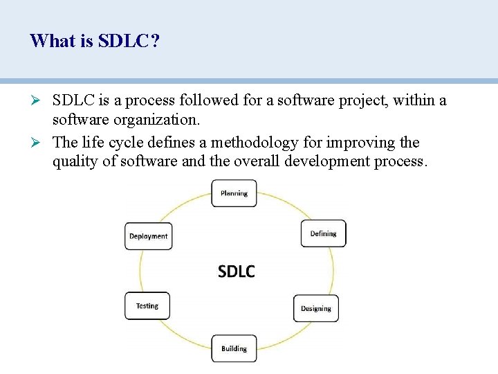 What is SDLC? Ø SDLC is a process followed for a software project, within