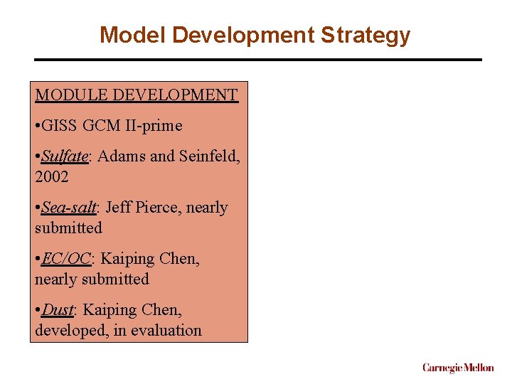 Model Development Strategy MODULE DEVELOPMENT • GISS GCM II-prime • Sulfate: Adams and Seinfeld,
