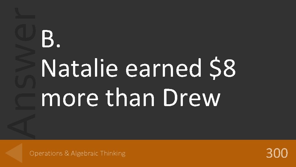 Answer B. Natalie earned $8 more than Drew Operations & Algebraic Thinking 300 