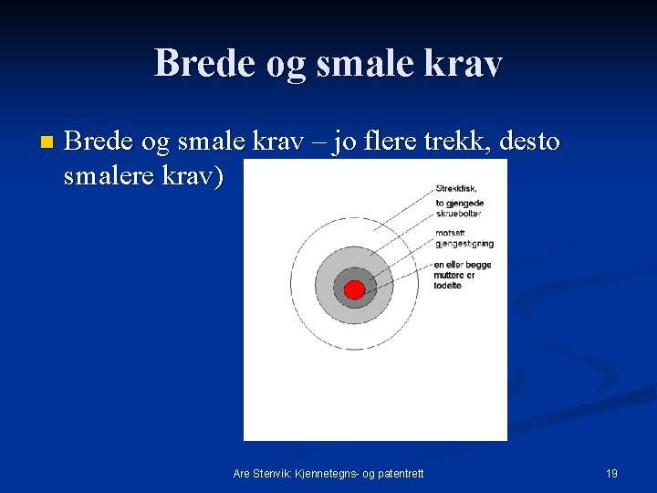 Brede og smale krav n Brede og smale krav – jo flere trekk, desto