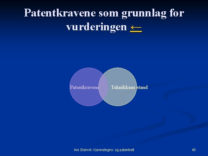 Patentkravene som grunnlag for vurderingen ← Patentkravene Teknikkens stand Are Stenvik: Kjennetegns- og patentrett