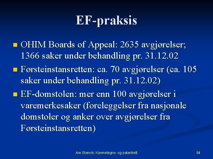 EF-praksis OHIM Boards of Appeal: 2635 avgjørelser; 1366 saker under behandling pr. 31. 12.
