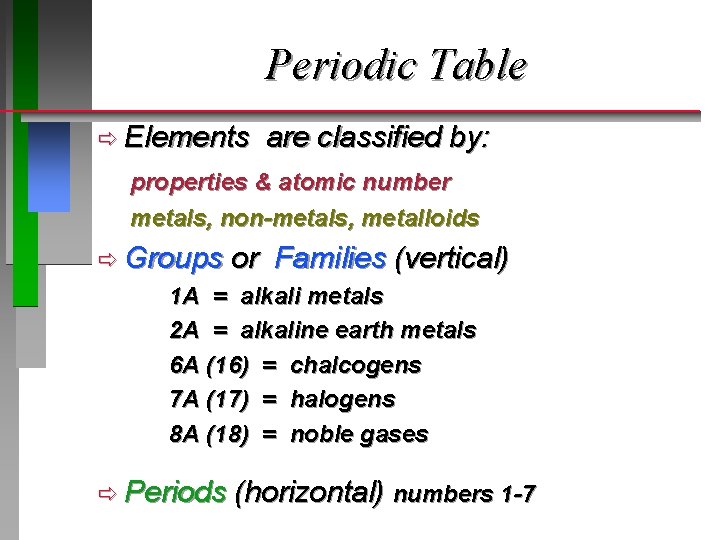 Periodic Table ð Elements are classified by: properties & atomic number metals, non-metals, metalloids