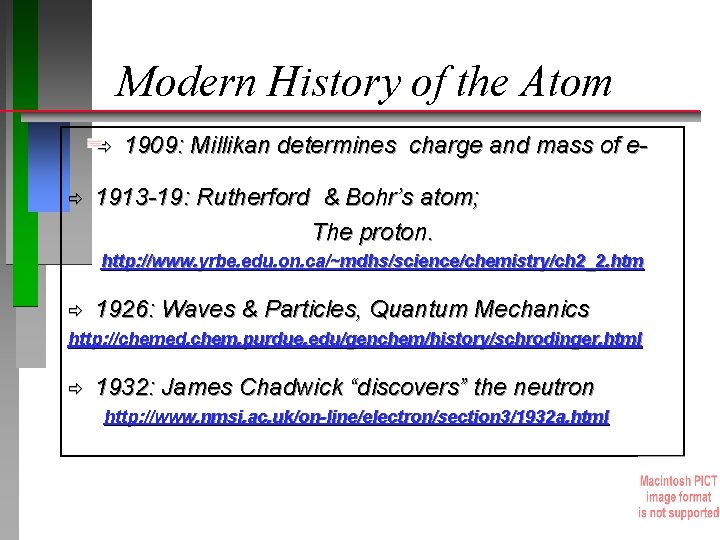 Modern History of the Atom ð ð 1909: Millikan determines charge and mass of